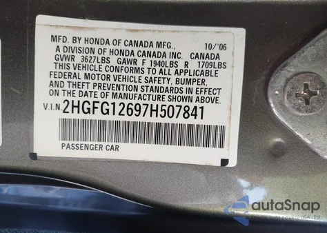 2007 Honda Civic Lx z USA, uszkodzony, nr VIN 2HGFG12697H507841